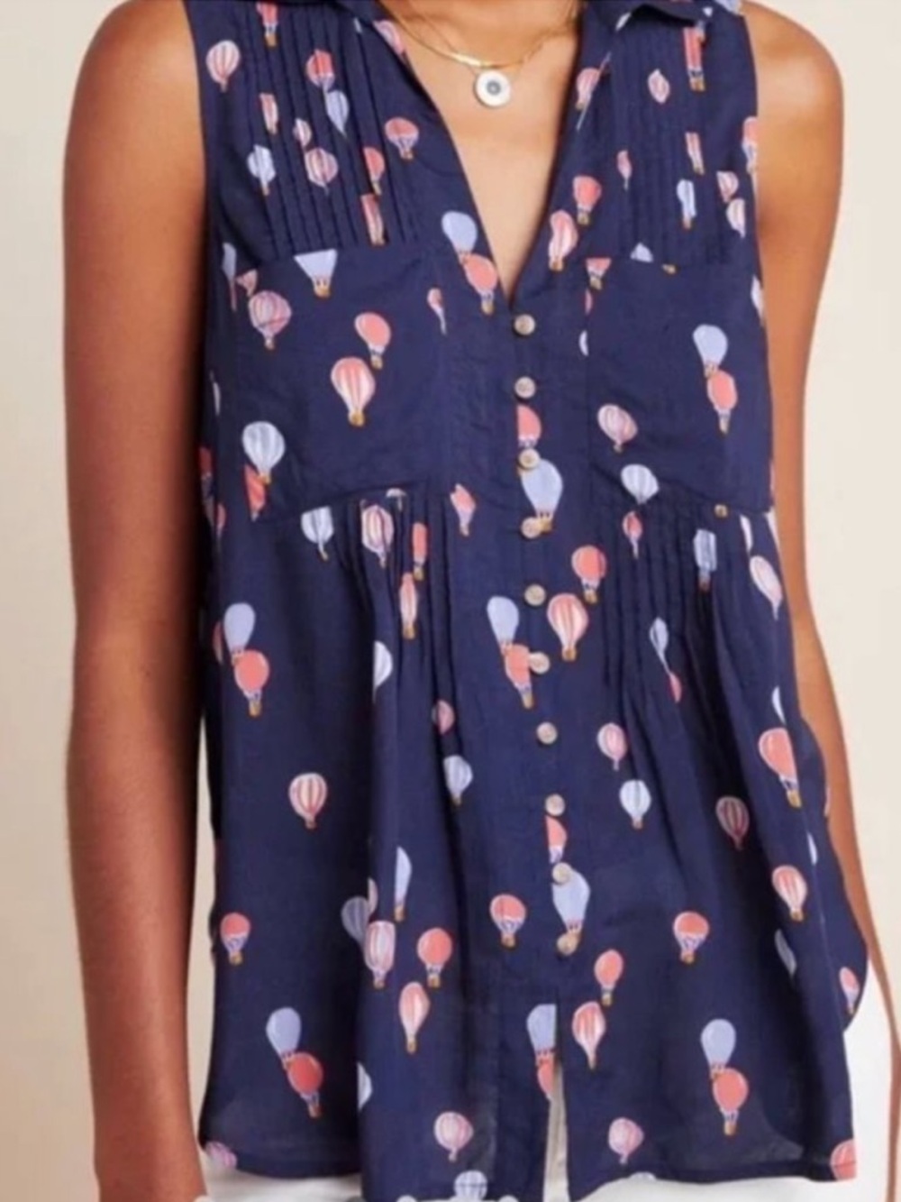 Maeve by Anthropologie Navy Blue Hot Air Balloon Pintucked Top size XSP